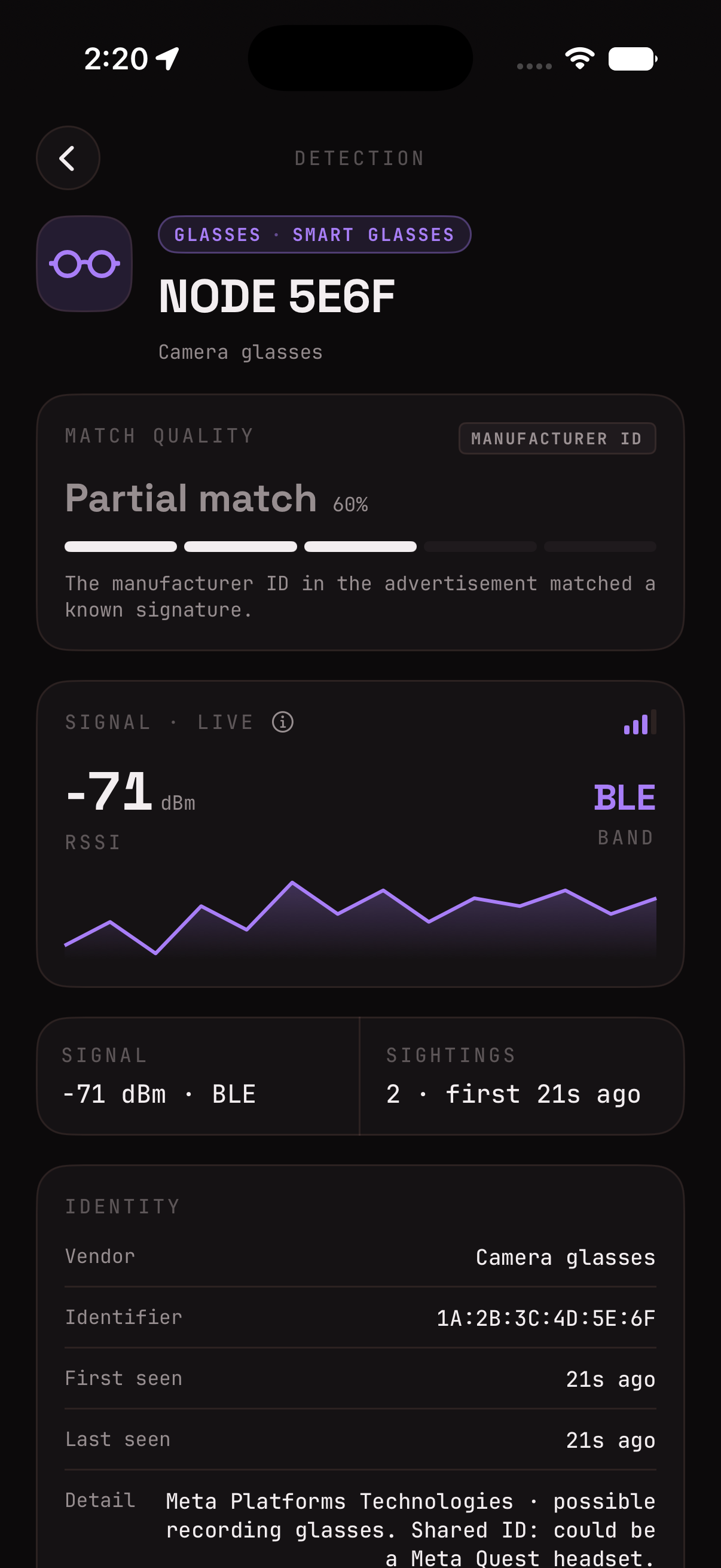 beacons app detection detail: a Flock ALPR node with match-quality confidence, live signal strength, sighting history, and a watch button