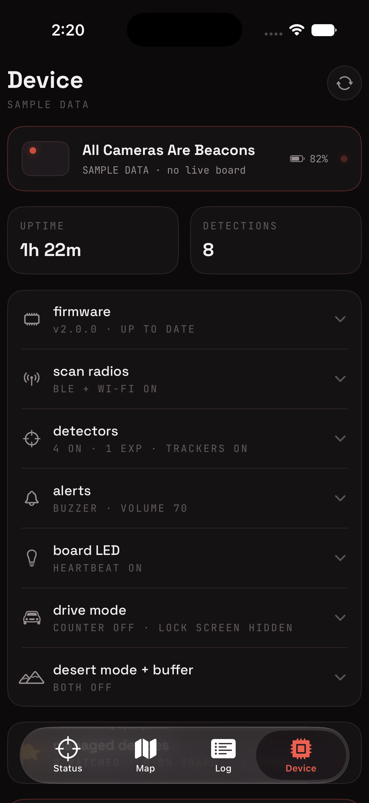 beacons app device screen with firmware version and per-category detector toggles