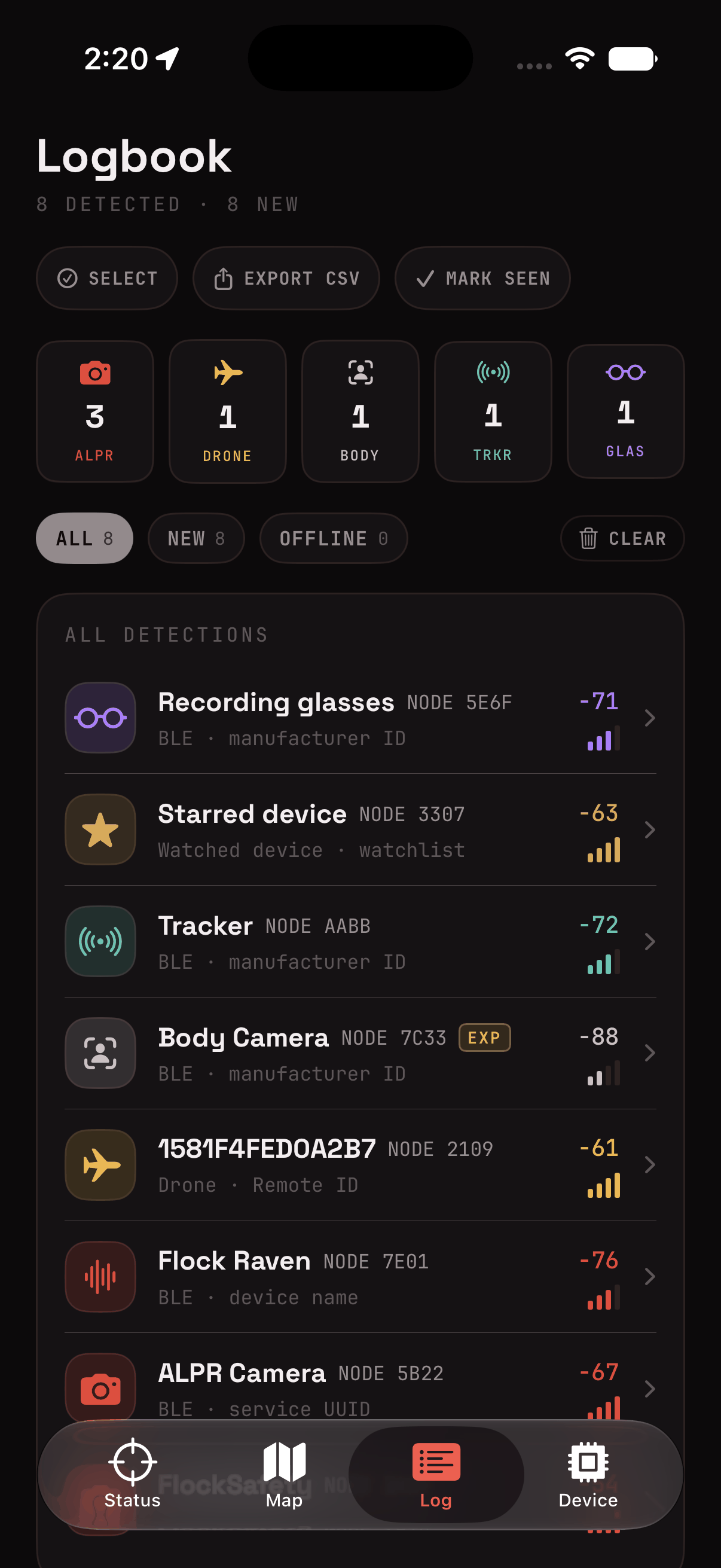 beacons app logbook with a CSV export option for sharing a capture