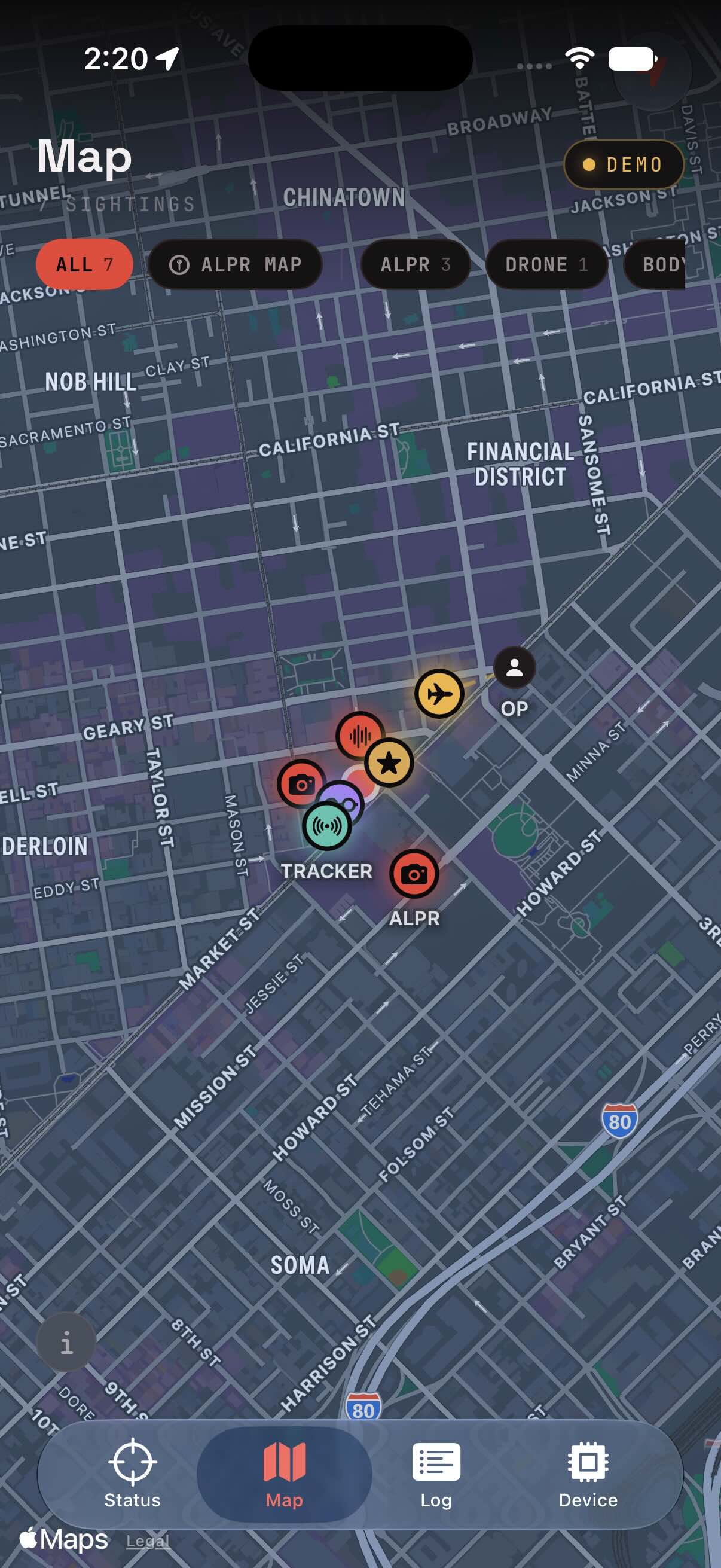 beacons app live map with pins for ALPR cameras, a drone, a tracker and a watched device