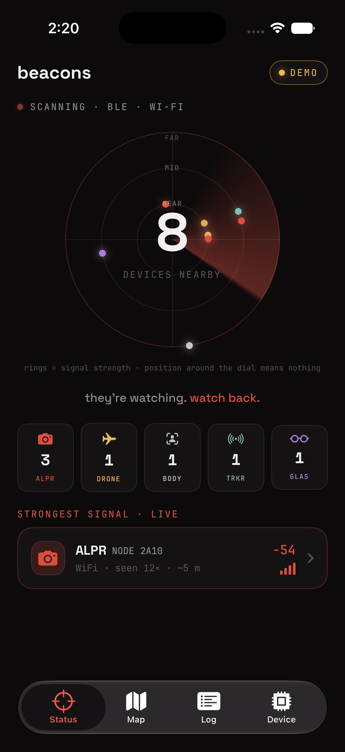 beacons app status screen: a radar showing 8 nearby devices with counts by category